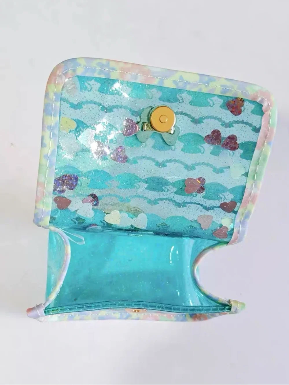 Japanese Fafa Clear Blue Teacup Sequin Gold Tech Earbud Keychain Mini Pouch